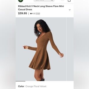 Ribbed Knit V Neck Long Sleeve Flare Mini Casual Dress - Orange Floral Velvet